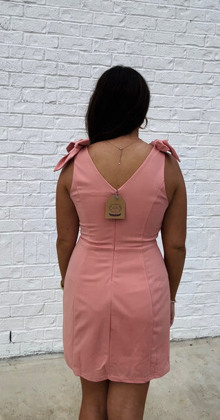 Shoulder Tie Mini Dress- Apricot, BOW, clothing, Dress, dresses & rompers, fall clothes, pink dress, shoulder, Shoulder tie-Ace of Grace Women's Boutique