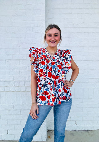 Red Floral Ruffle Sleeve Tank- blue tank, BLUE TANK TOP, clothing, RUFFLE, ruffle sleeves, RUFFLE TOP, ruffled, tank, Tops, V-NECK TANK TOP, Work tank-Ace of Grace Women's Boutique