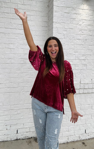 Berry Velvet Pearl Top- clothing,Curvy,Dressy,PEARL,pearl sweater,PEARLS,Sale,Seasonal,Tops,velvet,velvet top-Ace of Grace Women's Boutique