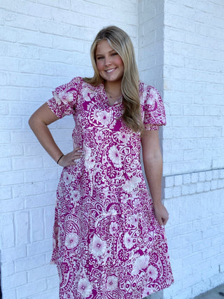 Magenta Whimsy Floral Dress- Curvy,dresses & rompers,Easter,Easter dress,floral,floral dress,floral print,florals,Midi Dress,paisley,PLUS,plus dress,plus size-Ace of Grace Women's Boutique