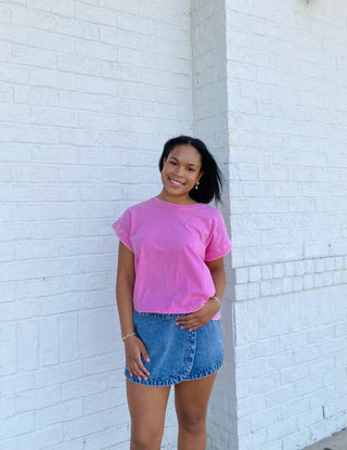 Mineral Wash Cuffed Sleeve Top- clothing,CUFFED SLEEVES,hot pink top,LIGHT PINK,LIGHT PINK TOP,mineral,MINERAL WASH,MINERAL WASHED,NEON PINK,pink,Tops-Ace of Grace Women's Boutique