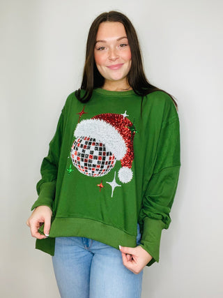 Green Disco Santa Hat Pullover - size small left (oversized)- accessories,CHRISTMAS,Christmas Longsleeve,CHRISTMAS SHIRT,christmas sweatshirt,clothing,outerwear,Seasonal,Tops-Ace of Grace Women's Boutique
