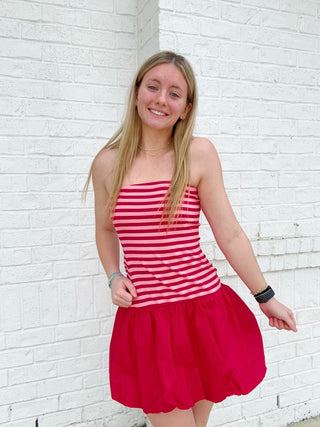 Strapless Striped Mini Dress- clothing, Dress, dresses & rompers, pink, pink striped, RED, red dress, Seasonal, Stripe, STRIPED, striped dress, stripes, VALENTINE, Valentine Collection, VALENTINES, VALENTINES DRESS-Ace of Grace Women's Boutique