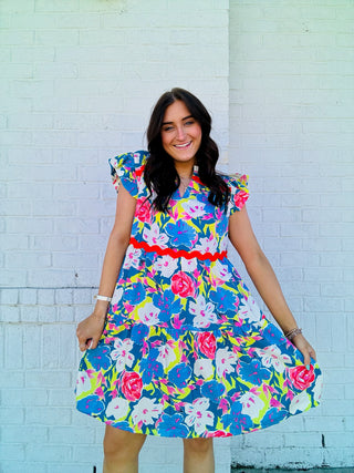 Blue Floral Dress with Ric Rac Trim- church dress,clothing,Curvy,dresses & rompers,Easter,Easter dress,floral,floral dress,floral pattern,floral print,florals,PLUS,Ric rac,SPRING,Spring dress-Ace of Grace Women's Boutique