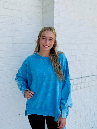 Acid Wash High-Low Pullover- Acid,black pullover,blue pullover,brown pullover,COMFY,comfy sweatshirt,Curvy,green sweatshirt,Hi-low,High-low,mineral,MINERAL WASH,MINERAL WASHED,oversized,oversized sweater,oversized sweatshirt,OVERSIZED TOP,pink pullover,pink sweatshirt,PLUS,plus size,plus size sweatshirt,plus sweatshirt,pullover,purple sweatshirt,sweatshirt,SWEATSHIRTS,Tops-Blue-S/M-Ace of Grace Women's Boutique