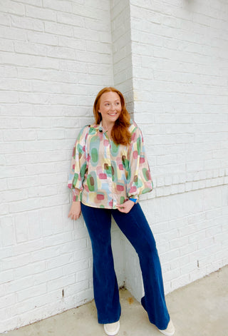 Abstract Smocked Satin Blouse- blouse, clothing, Curvy, PLUS, plus size, PLUS SIZE TEE, PLUS SIZE TOP, plus sizes, Tops, work, WORK SHIRT, WORK TOP-Ace of Grace Women's Boutique
