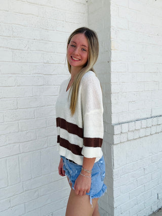 Brown Striped Crop Sweater- brown sweater,crop sweater,cropped sweater,FALL,fall clothes,fall transition,knit sweater,SUMMER SWEATER,SWEATER,sweater top,sweaters,Tops-Ace of Grace Women's Boutique