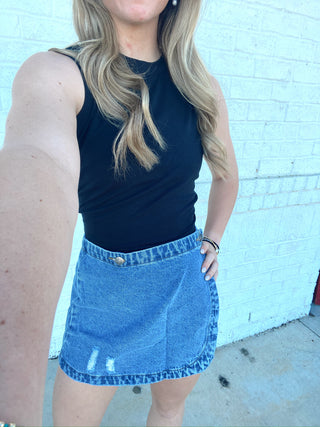 Denim Wrap Mini Skirt- BLUE DENIM,Bottoms,denim,denim color,denim skirt,denim skort,LIGHT DENIM,Mini skirt,wrap skort-Ace of Grace Women's Boutique