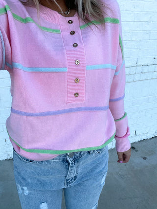 Pink Striped Sweater- BIRTHDAY SWEATER, clothing, Curvy, fuzzy sweater, oversized sweater, pastels, pink sweater, plus size sweater, Stripe, STRIPED, SWEATER, sweater top, sweaters, Tops-Ace of Grace Women's Boutique