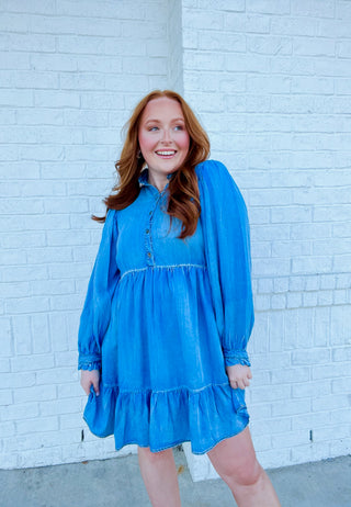 Classy Denim Ruffle Dress. ONE SMALL LEFT- denim,dress,dresses & rompers,flowy dress,Sale-Ace of Grace Women's Boutique