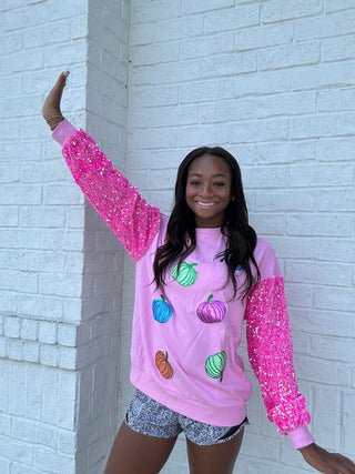 Pink Pumpkin Sequin Top- Curvy,HOT PINK,LIGHT PINK,pink,PLUS,pumpkin,pumpkins,Seasonal,SEQUIN,Tops-Ace of Grace Women's Boutique