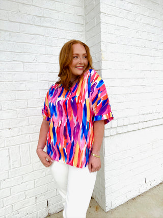 Multicolor Feather V-neck Top- Curvy, Perfect for work, summer work top, Tops, work, Work tank, WORK TOP-Ace of Grace Women's Boutique