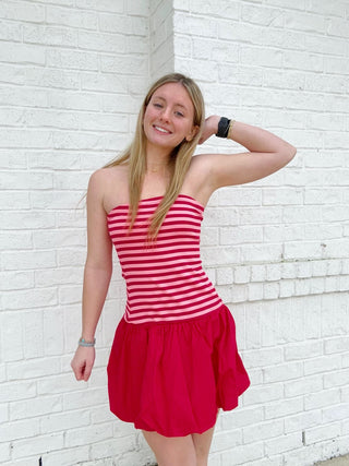 Strapless Striped Mini Dress- clothing, Dress, dresses & rompers, pink, pink striped, RED, red dress, Seasonal, Stripe, STRIPED, striped dress, stripes, VALENTINE, Valentine Collection, VALENTINES, VALENTINES DRESS-Ace of Grace Women's Boutique