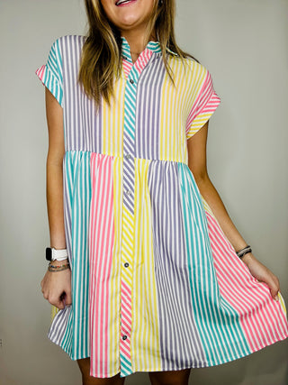 Lemon Colorful Striped Button Up Dress- BUTTON UP DRESS, clothing, dress, dresses & rompers, Easter, Gender reveal, SPRING, striped dress-Ace of Grace Women's Boutique