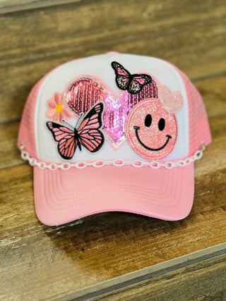 All The Pink Trucker Hat- Accessories, accessory, butterflies, butterfly, hair accessory, happy, happy face, HEART, LIGHT PINK, MadelynnGrace, pink, Pink hat, pink smiley, smile, smiles, smiley, smiley face, smileyface, trucker hat, trucker hats-Ace of Grace Women's Boutique