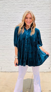 Teal Velvet Button Up Tunic- blue dress, BUTTON UP DRESS, COLLARED DRESS, dress, flowy dress, velvet, VELVET DRESS-Ace of Grace Women's Boutique