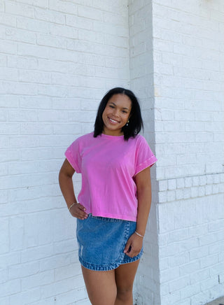 Mineral Wash Cuffed Sleeve Top- clothing,CUFFED SLEEVES,hot pink top,LIGHT PINK,LIGHT PINK TOP,mineral,MINERAL WASH,MINERAL WASHED,NEON PINK,pink,Tops-Ace of Grace Women's Boutique