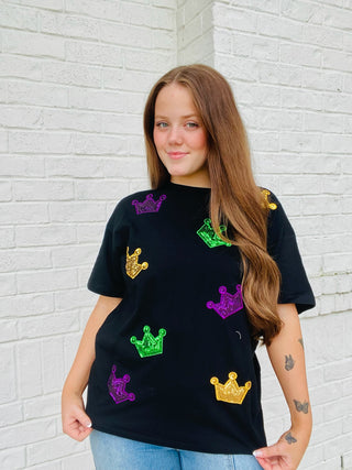 Sequin Crown Mardi Gras Top- BOWS,clothing,Crown,Crowns,MARDI GRAS,MARDI GRAS TEE,MARDI GRAS TOP,Seasonal,Tops-Ace of Grace Women's Boutique