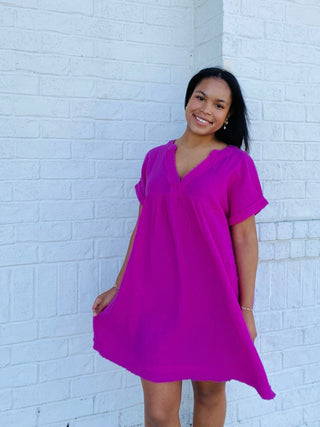 Hot Pink Gauze Dress- church dress,clothing,Curvy,dresses & rompers,Easter,Easter dress,HOT PINK,pink-Ace of Grace Women's Boutique