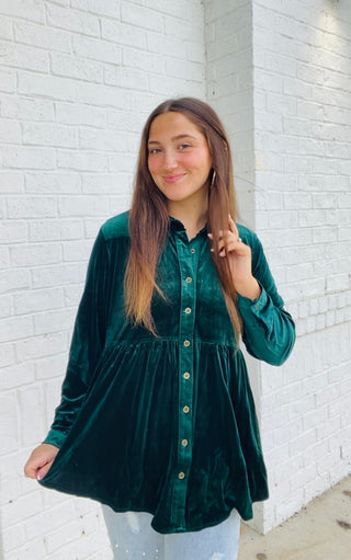 Green Velvet Tunic Top- CHRISTMAS, christmas dress, Christmas Longsleeve, CHRISTMAS SHIRT, christmas top, clothing, emerald green, GREEN, Green shirt, green top, MERRY CHRISTMAS, Seasonal, Tops, velvet, velvet top-Ace of Grace Women's Boutique