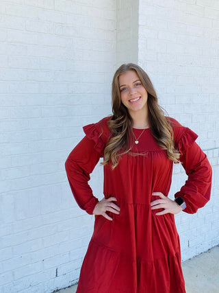 Tiered Ruffle Detail Dress - Rust- colorful dress,Curvy,dress,dresses & rompers,Dressy,Midi Dress,plus dress,plus size dress,teacher-Ace of Grace Women's Boutique