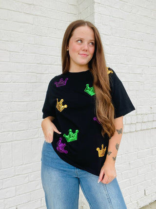 Sequin Crown Mardi Gras Top- BOWS,clothing,Crown,Crowns,MARDI GRAS,MARDI GRAS TEE,MARDI GRAS TOP,Seasonal,Tops-Ace of Grace Women's Boutique