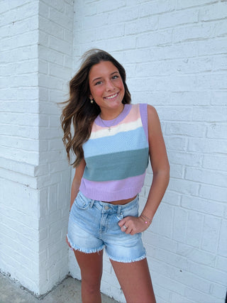 Lavender Multi Striped Vest- clothing, Stripe, STRIPED, STRIPED SWEATER, stripes, summer, SUMMER SWEATER, summer tank, SUMMER TOP, SWEATER VEST, Tops, VEST-Ace of Grace Women's Boutique