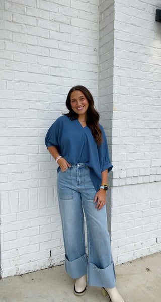 Blue V-neck Puff Sleeve Top- blue, blue top, clothing, Curvy, FALL, fall clothes, fall transition, loose fit, Perfect for work, PUFF, PUFF SLEEVE, puff sleeves, Tops, work, WORK SHIRT, WORK TOP-Ace of Grace Women's Boutique