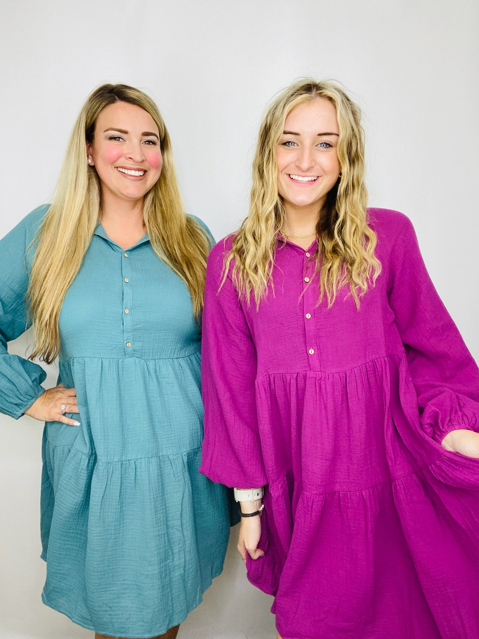 Long Sleeve Woven Button Down Tiered Dress | 2 colors