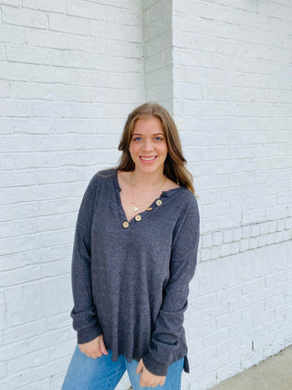 Charcoal Ribbed Button Henley Top- Curvy,FALL,fall clothes,fall transition,Henley,ribbed,Tops-Ace of Grace Women's Boutique
