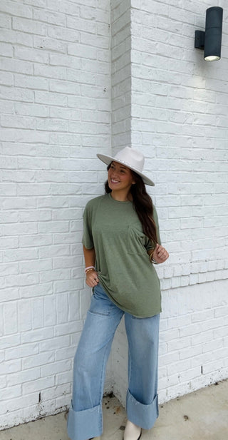 Olive Oversized Boyfriend Tee- Boyfriend, clothing, Curvy, FALL, fall clothes, fall transition, olive, olive top, oversized, OVERSIZED TEE, OVERSIZED TOP, PLUS, plus size, pocket shirt, pockets, Tops-Ace of Grace Women's Boutique