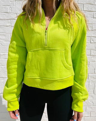Funnel Neck Half Zip Pullover- clothing, Flash sale, half zip, JACKET, lime, LIME GREEN, LIME GREEN SWEATSHIRT, LIME TOP, MadelynnGrace, Outerwear, pullover, Sale, Tops-Ace of Grace Women's Boutique