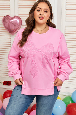 Pink Lace Bow Embroidered Sweatshirt-Plus Size/Plus Size Sweatshirts & Hoodies- All In Stock,BOW,Bow detail,Color Pink,Craft Embroidery,curv,Curvy,Detail Bow,Hot picks,Occasion Daily,PLUS,plus size,Season Fall & Autumn,Style Southern Belle,Tops-Ace of Grace Women's Boutique