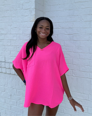 Perfect for Work Top - Bright Pink- Curvy,hot pink top,oversized,OVERSIZED TOP,Perfect for work,pink top,PLUS,plus size,PLUS SIZE TEE,PLUS SIZE TOP,TOP,Tops,WORK TOP,WOVEN TOP-Ace of Grace Women's Boutique