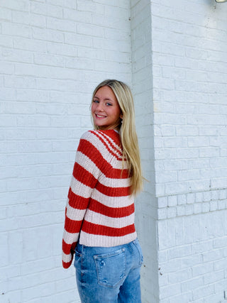 Striped Bell Sleeve Sweater- BEIGE, BLACK, black sweater, brown sweater, button up sweater, clothing, cream sweater, CROCHET SWEATER, knit sweater, leopard sweater, Rust, Stripe, STRIPED, STRIPED SWEATER, SWEATER, sweaters, Tops-Ace of Grace Women's Boutique