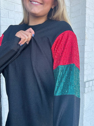 Red and Green Sequin Black Top- christian shirt,CHRISTMAS,Curvy,Seasonal,SEQUIN,Tops-Ace of Grace Women's Boutique