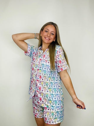 Rainbow Whimsy Monkey Pajamas- COLORFUL,lounge,LOUNGE SET,Loungewear,Monkey,Monkeys,pajama pants,pajama set,pajama shorts,pajama top,pajamas,RAINBOW,rainbow dress,RAINBOWS,Roller,Roller rabbit,Sets-Ace of Grace Women's Boutique