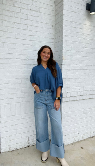 Blue V-neck Puff Sleeve Top- blue, blue top, clothing, Curvy, FALL, fall clothes, fall transition, loose fit, Perfect for work, PUFF, PUFF SLEEVE, puff sleeves, Tops, work, WORK SHIRT, WORK TOP-Ace of Grace Women's Boutique