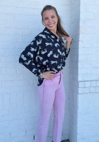 Black Button Up Tiger Long Sleeve- Sale,Tops-Ace of Grace Women's Boutique