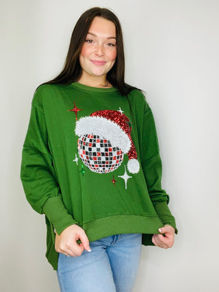Green Disco Santa Hat Pullover - size small left (oversized)- accessories,CHRISTMAS,Christmas Longsleeve,CHRISTMAS SHIRT,christmas sweatshirt,clothing,outerwear,Seasonal,Tops-Ace of Grace Women's Boutique