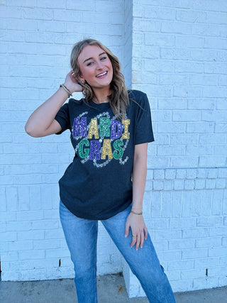 Classic Black Bead Mardi Gras Tee- clothing, Curvy, MARDI GRAS, MARDI GRAS TEE, MARDI GRAS TOP, PLUS, plus size, plus size graphic tee, Seasonal, Tops-Ace of Grace Women's Boutique