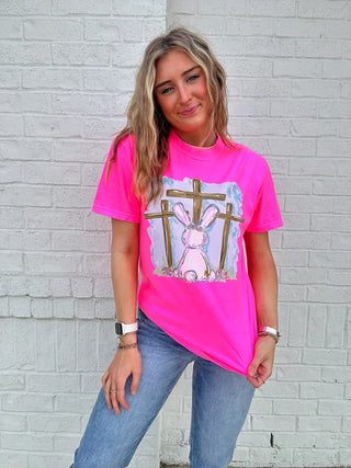 Neon Pink Easter Bunny Cross Tee- clothing,COMFORT COLOR,Curvy,Easter,EASTER GRAPHIC TEE,Graphic Tees,HOT PINK TEE,Seasonal,TEE,tee shirt,Tops-Ace of Grace Women's Boutique
