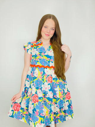 Blue Floral Dress with Ric Rac Trim- church dress,clothing,Curvy,dresses & rompers,Easter,Easter dress,floral,floral dress,floral pattern,floral print,florals,PLUS,Ric rac,SPRING,Spring dress-Ace of Grace Women's Boutique