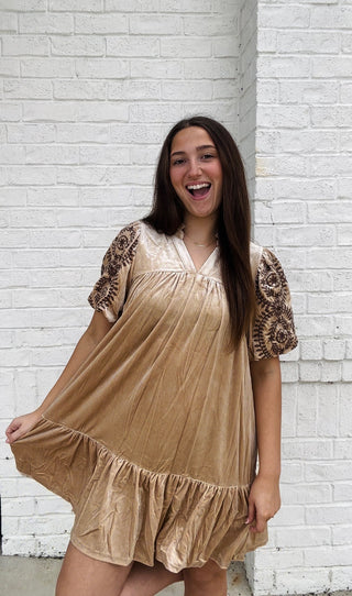 Taupe Velvet Dress- BEIGE DRESS, church dress, clothing, cream dress, dress, dresses & rompers, Dressy, flowy dress, LACE DRESS, Midi Dress, mini dress, Party dress, Tops, velvet, VELVET DRESS-Ace of Grace Women's Boutique