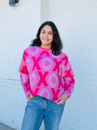 XOXO All Over Sweater- clothing,HEART,HEART PATTERN,HEARTS,loose fit,oversized,oversized sweater,plus size valentine,Sale,Seasonal,Tops,VALENTINE,Valentine Collection,valentine plus size,valentine pullover,VALENTINES,VALENTINES GRAPHIC TEE,valentines sweatshirt,VALENTINES TOP,XOXO-Ace of Grace Women's Boutique