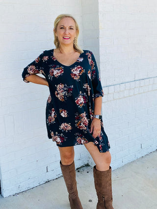 FLORAL PRINT TUNIC DRESS- church dress,clothing,dresses & rompers,FALL,fall clothes,floral-Ace of Grace Women's Boutique