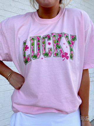 Pink Lucky Clover Tee- clover,COMFORT COLOR,Comfortable,COMFY,Curvy,FOUR LEAF CLOVER,GREEN,Green shirt,lucky,pink,Seasonal,Tops-Ace of Grace Women's Boutique