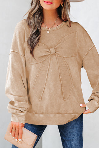 Beige Mineral Wash Bow Pullover-Tops/Sweatshirts & Hoodies- All In Stock,Best In Stock,BOW,Bow detail,BOWS,clothing,Color Brown,Craft Applique,Craft Washed,Curvy,Detail Bow,Occasion Daily,Season Fall & Autumn,Style Western,Tops-Ace of Grace Women's Boutique