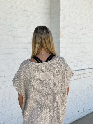 Tan Split Neck Sweater- brown sweater, clothing, cream sweater, Curvy, short sleeve, SHORT SLEEVE SWEATER, SWEATER, sweater top, SWEATER VEST, sweaters, Tops-Ace of Grace Women's Boutique