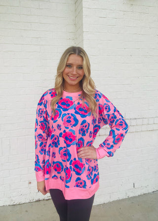 Pink and Blue Animal Print Top- curv,Curvy,LEOPARD,leopard graphic tee,LEOPARD PRINT,leopard sweater,leopard top,Tops-Ace of Grace Women's Boutique